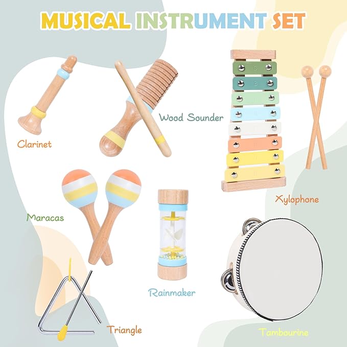 Wooden Montessori Musical Instruments Set for Toddlers 1-3, Preschool Educational Music Toys for Boys Girls, Percussion Instruments Toy with Storage Bag