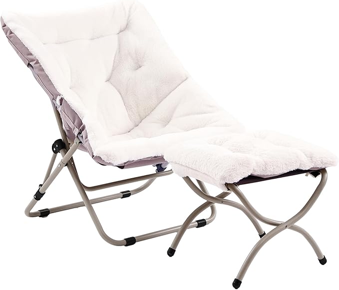 Comfy Saucer Chair with Ottoman, Oversized Folding Faux Fur Chair Soft Furry Lounge Lazy Chair with Metal Frame Moon Chair Accent Chair for Bedroom, Living Room, Dorm Rooms