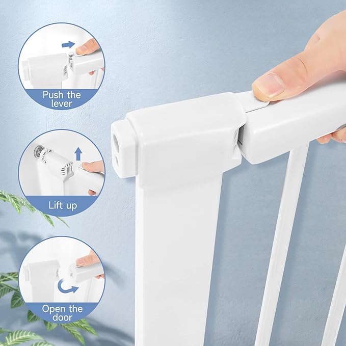 Baby Gate for Doorways Stairs and House, Auto Close Safty Gates, Extra Wide Child Gate, Extra Tall Walk Through Pet Gate, White Metal Baby Gate Dog Gate, Pressure Mount.