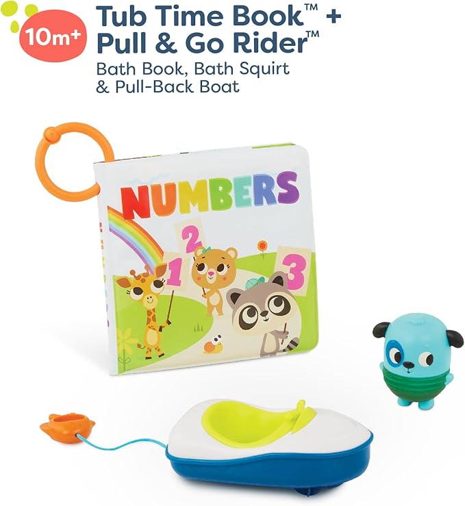 B. toys – Bath Book & Boat – Color Changing Bath Squirter & Pull-String Boat – Colors & Numbers – Convenient Travel Clip – 10 Months + – Tub Time Book + Pull & Go Rider