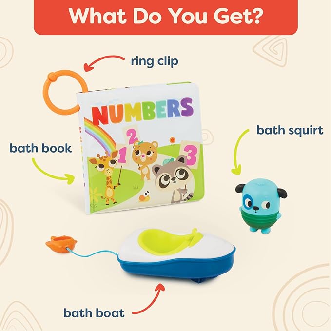 B. toys – Bath Book & Boat – Color Changing Bath Squirter & Pull-String Boat – Colors & Numbers – Convenient Travel Clip – 10 Months + – Tub Time Book + Pull & Go Rider