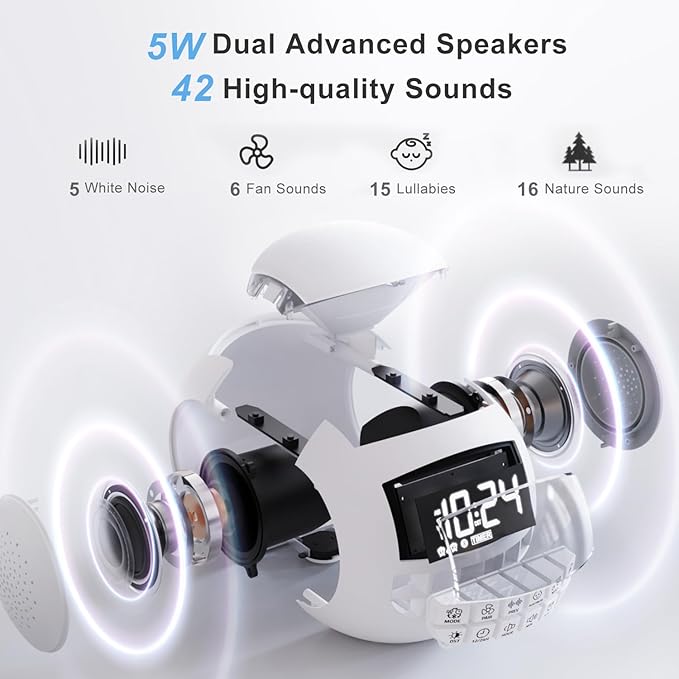 42 Sound White Noise Machine for Kids Adult Baby Sleeping + Bluetooth + Nightlight, Lullaby/Nature Soothing Sounds, 2 Alarm Clock for Bedroom Home, Adjustable Volume, 15-480 Timer, USB & AC Powered…