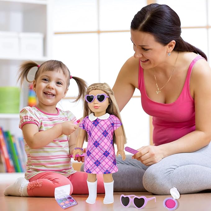 ZNTWEI American 18 Inch Doll Clothes and Makeup Accessories Playset Fit 18 Inch Doll includes Dolls Clothes Sunglasses Phone Eye Shadow Plate Bag Lipstick Bracelet Blusher Hairpins