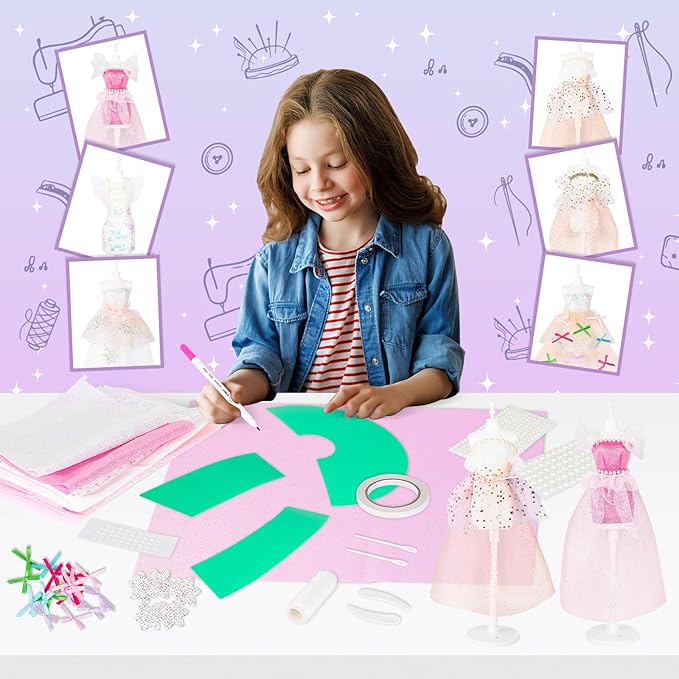 deAO Fashion Designer Kit for Girls,400+PCS Fashion Design Crafts with 6 Mannequins,Arts and Crafts Kit- DIY Sewing Kit for Kids 8-12,Gifts for Girls