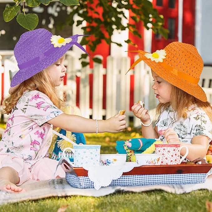 Vegove 6 Pcs Girls Tea Party Straw Hats Country Girl Dress Up with Purse, Gloves & Kits, Children's Summer Beach & Garden Birthday Party Supplies