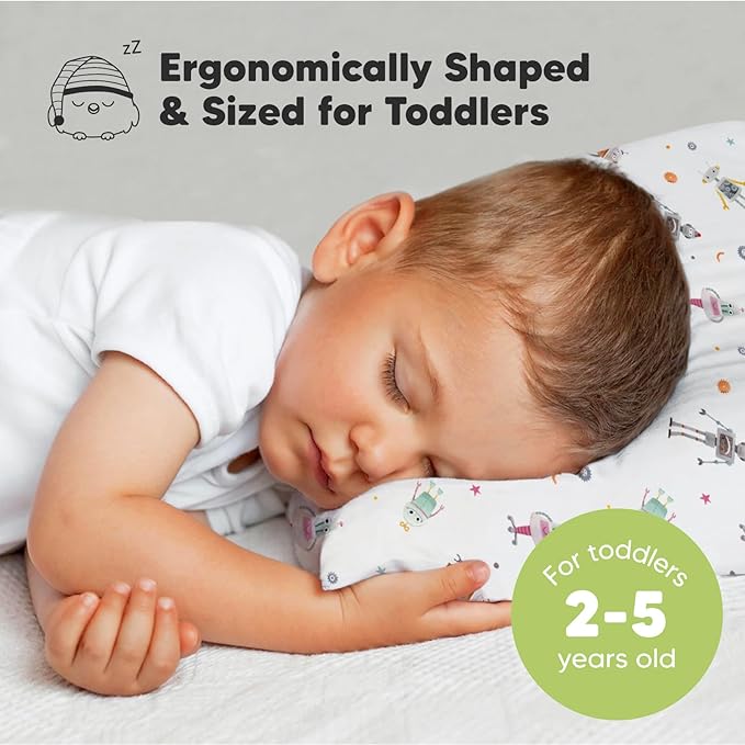 Toddler Pillow with Pillowcase - 13x18 My Little Dreamy Pillow, Organic Cotton Toddler Pillows for Sleeping, Kids Pillow, Travel Pillows, Mini Pillow, Nursery Pillow, Toddler Bed Pillow (Robo Pals)