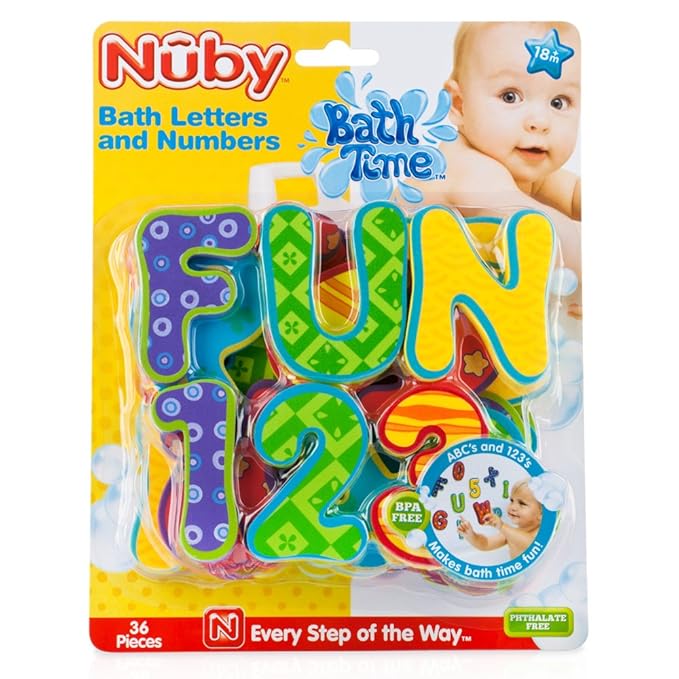 Nuby Floating Bath Tub Alphabet and Number Set, Soft Foam Educational Waterproof Letters and Numbers Toy, 36 Pieces