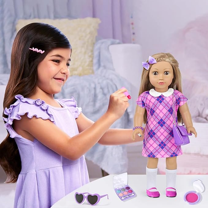 ZNTWEI American 18 Inch Doll Clothes and Makeup Accessories Playset Fit 18 Inch Doll includes Dolls Clothes Sunglasses Phone Eye Shadow Plate Bag Lipstick Bracelet Blusher Hairpins