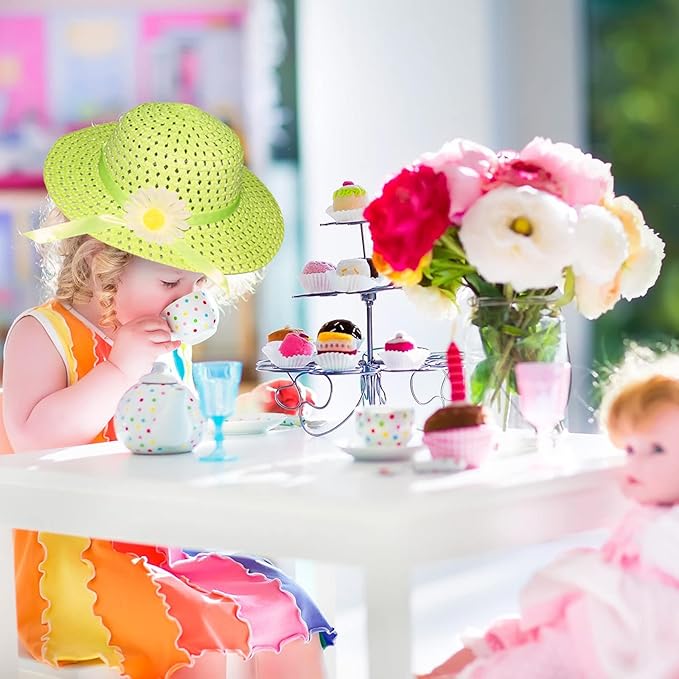 Vegove 6 Pcs Girls Tea Party Straw Hats Country Girl Dress Up with Purse, Gloves & Kits, Children's Summer Beach & Garden Birthday Party Supplies