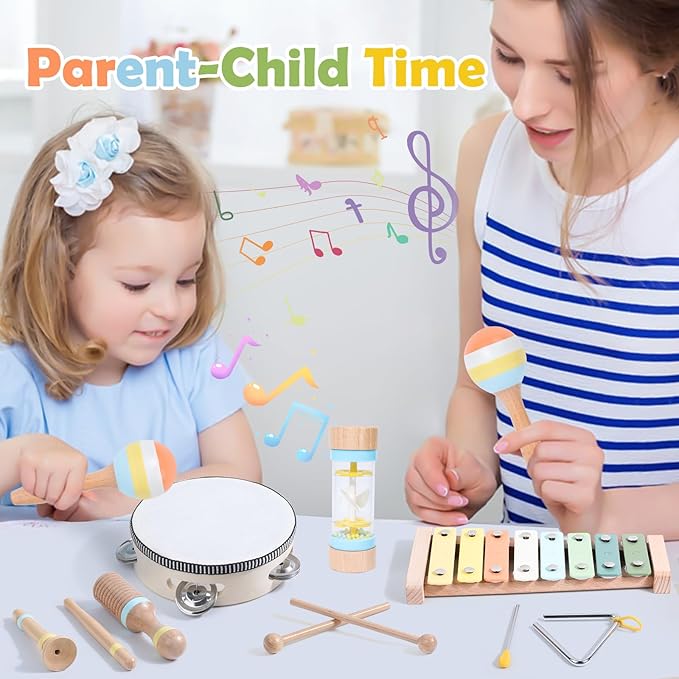 Wooden Montessori Musical Instruments Set for Toddlers 1-3, Preschool Educational Music Toys for Boys Girls, Percussion Instruments Toy with Storage Bag