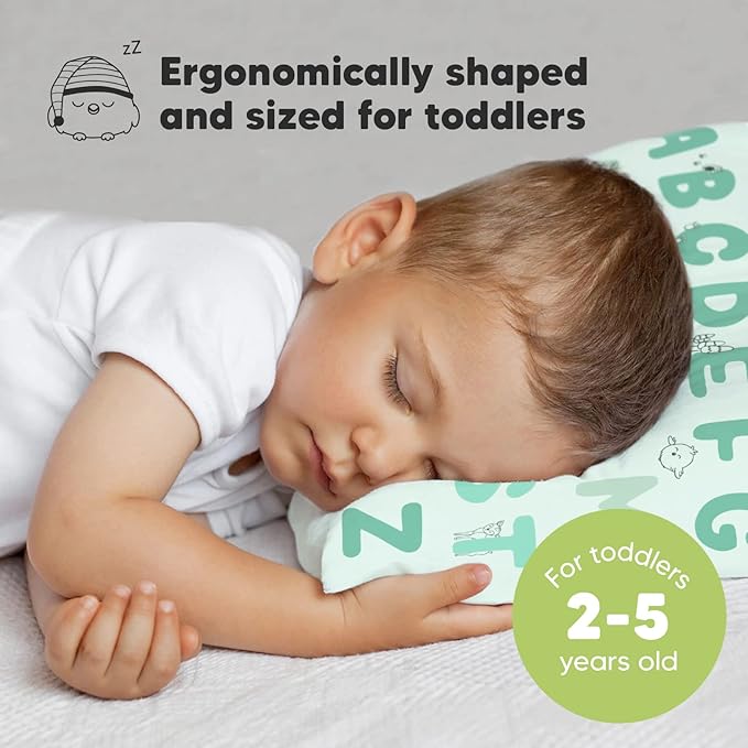 Toddler Pillow with Pillowcase - 13x18 My Little Dreamy Pillow, Organic Cotton Toddler Pillows for Sleeping, Kids Pillow, Travel Pillows, Mini Pillow, Nursery Pillow, Toddler Bed Pillow (KeaABC Mint)