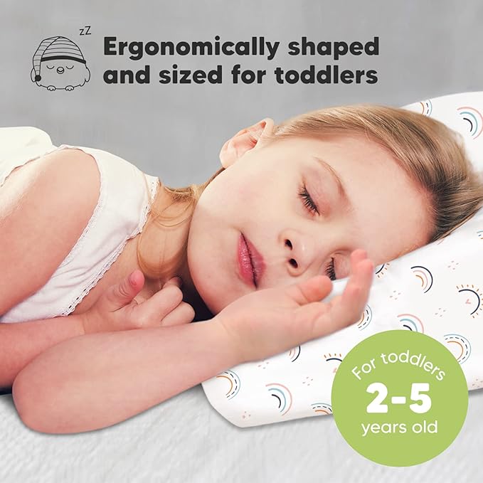 Toddler Pillow with Pillowcase - 13x18 My Little Dreamy Pillow, Organic Cotton Toddler Pillows for Sleeping, Kids Pillow, Travel Pillows,Mini Pillow,Nursery Pillow,Toddler Bed Pillow (Jolly Rainbow)