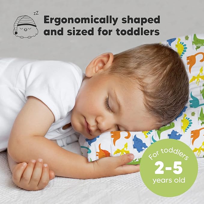 Toddler Pillow with Pillowcase - 13x18 My Little Dreamy Pillow, Organic Cotton Toddler Pillows for Sleeping, Kids Pillow, Travel Pillows, Mini Pillow, Nursery Pillow, Toddler Bed Pillow (Happy Dino)
