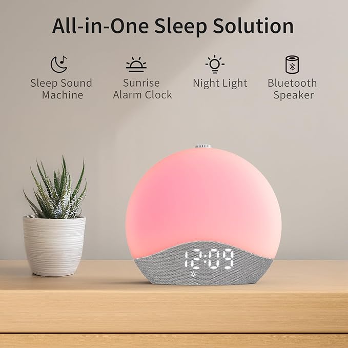 Sunrise Alarm Clock Sound Machine, Upgraded Backlit Buttons, 26 Soothing Sounds, White Noise Machine Night Light, Bluetooth Speaker Wake Up Light for Bedroom, Heavy Sleeper, Adults, Kids