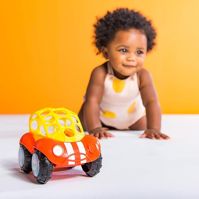 Bright Starts Oball Easy Grasp Rattle & Roll Buggie BPA-Free Push Car Infant Crawling Toy, 1 Pack, Age 3 Months and up, Red/Yellow