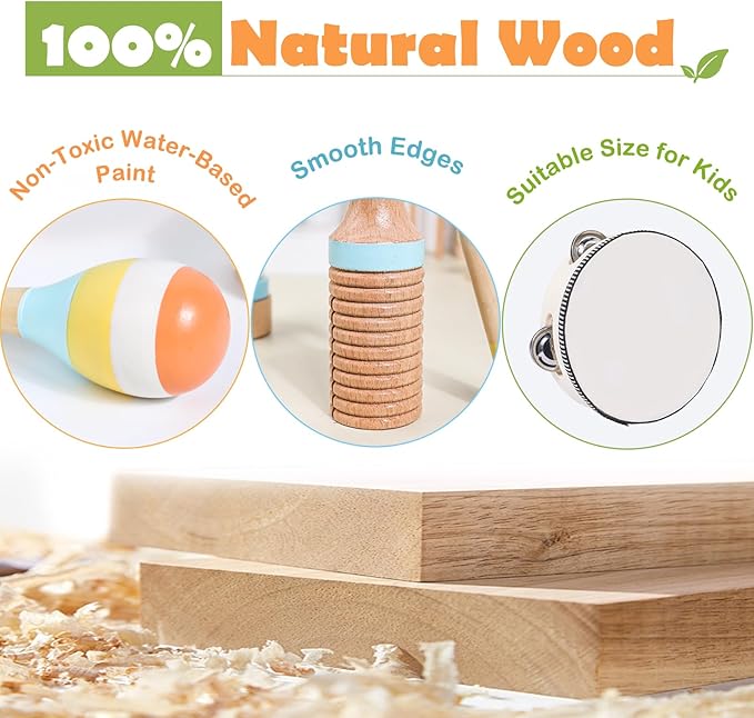 Wooden Montessori Musical Instruments Set for Toddlers 1-3, Preschool Educational Music Toys for Boys Girls, Percussion Instruments Toy with Storage Bag