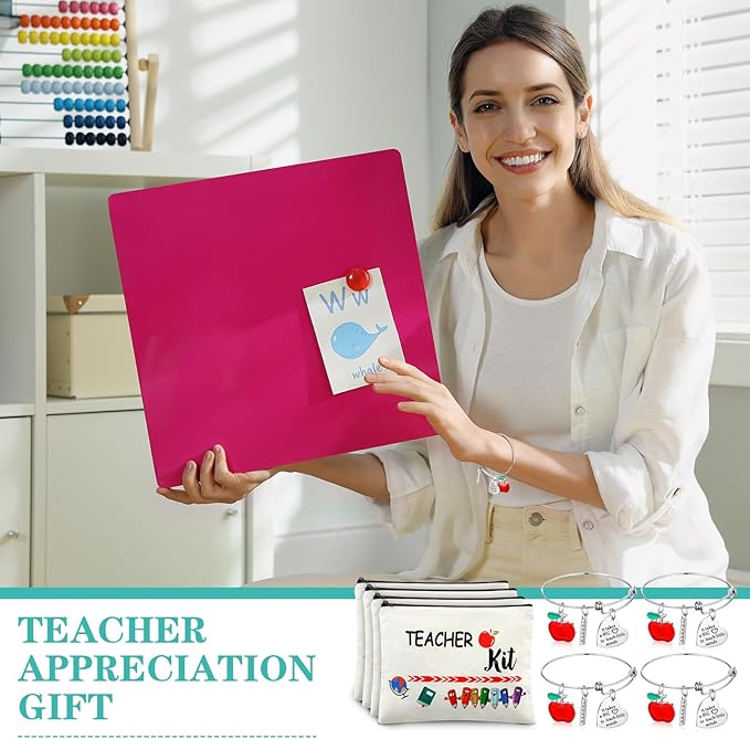 8 Pcs Teacher Appreciation Gift Set for Women, 4 Teacher Makeup Pouch Cosmetic Bags and 4 Bangle Bracelets, Christmas Valentines Thank You Gifts for Teacher (Teacher Survival Kit)