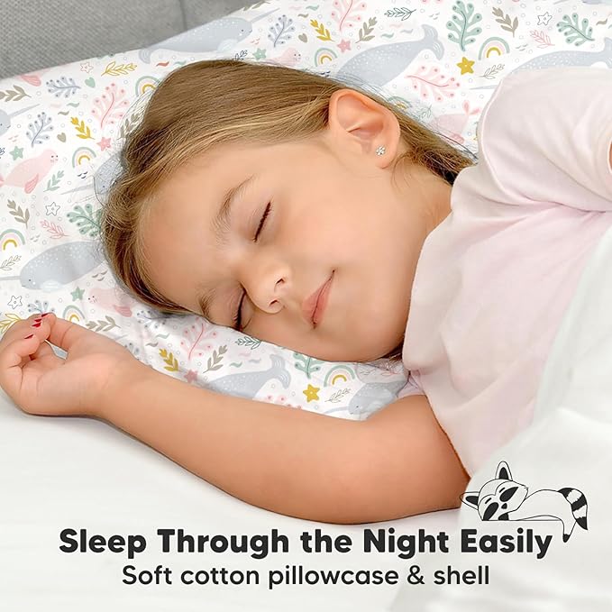 Toddler Pillow with Pillowcase - 13x18 My Little Dreamy Pillow, Organic Cotton Toddler Pillows for Sleeping, Kids Pillow, Travel Pillows, Mini Pillow, Nursery Pillow, Toddler Bed Pillow (Narwhal)
