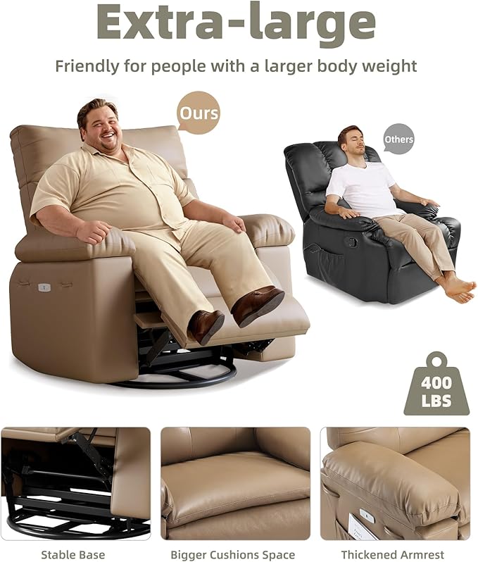 Electric Recliner Chair - 360° Rocker Swivel Recliner with Heat and Massage, PU Leather Large Power Recliner for Adults, Comfortable Lazy Chair with 1.5X Sponge Filling for Living Room, Tan
