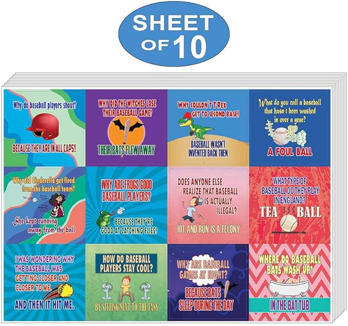 Creanoso Playing Baseball Funny Sports Jokes Stickers (10-Sheet) – Total 120 pcs (10 X 12pcs) Individual Small Size 2.1 x 2. Inches, Cool Themes Designs, Decor Art for Boys & Girls, Children, Teens