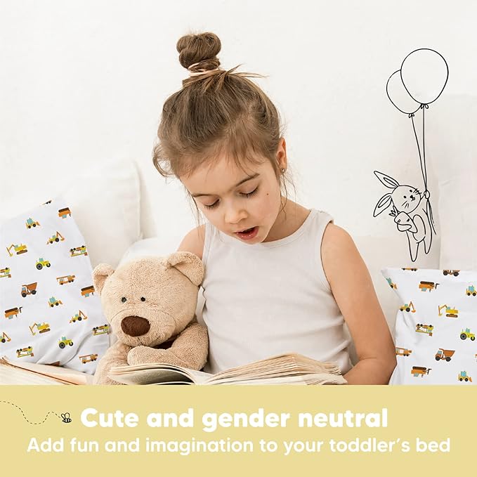 Toddler Pillow with Pillowcase - 13x18 My Little Dreamy Pillow, Organic Cotton Toddler Pillows for Sleeping, Kids Pillow, Travel Pillows,Mini Pillow,Nursery Pillow,Toddler Bed Pillow (Construction)