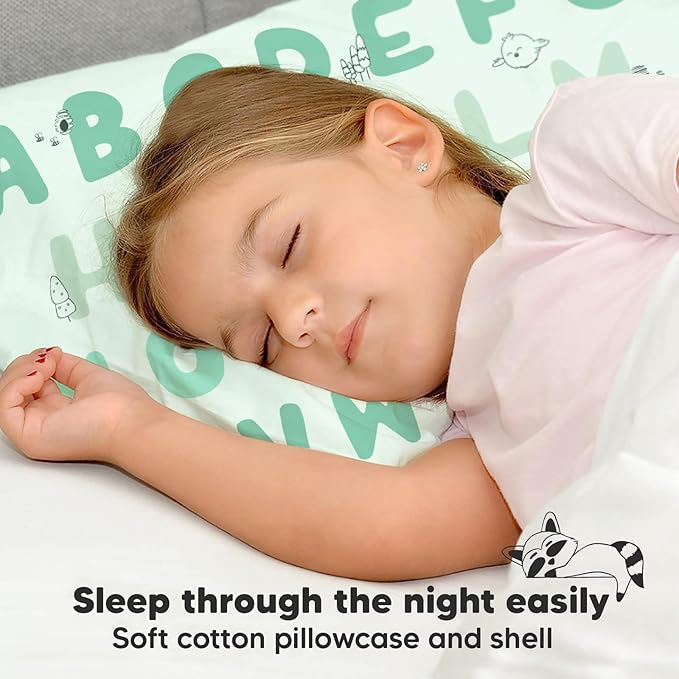 Toddler Pillow with Pillowcase - 13x18 My Little Dreamy Pillow, Organic Cotton Toddler Pillows for Sleeping, Kids Pillow, Travel Pillows, Mini Pillow, Nursery Pillow, Toddler Bed Pillow (KeaABC Mint)