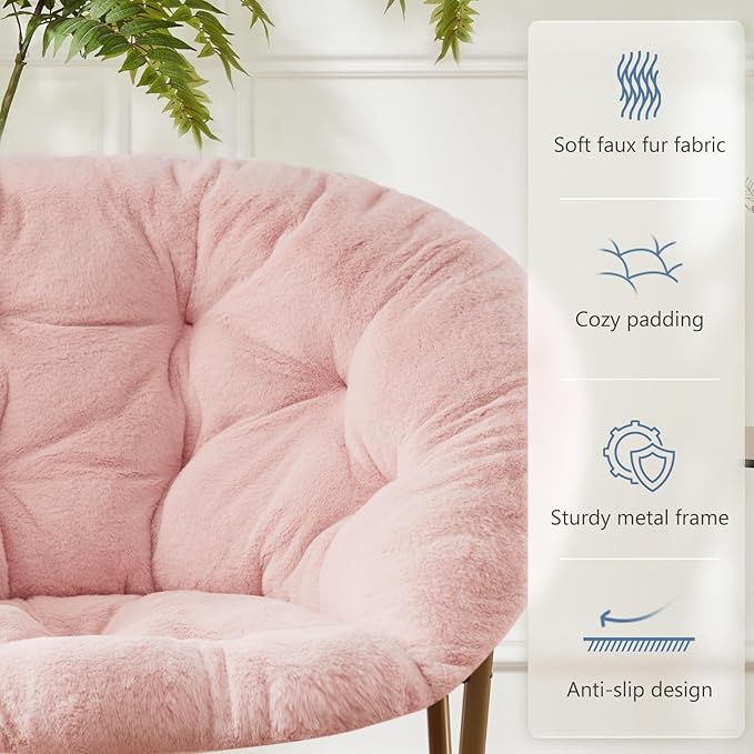 DUMOS Comfy Saucer Chairs, Faux Fur Lounge Bedroom Living Room Flexible Folding Seating for Kids Adults Soft Padded Metal Frame Modern for Home Office Pink