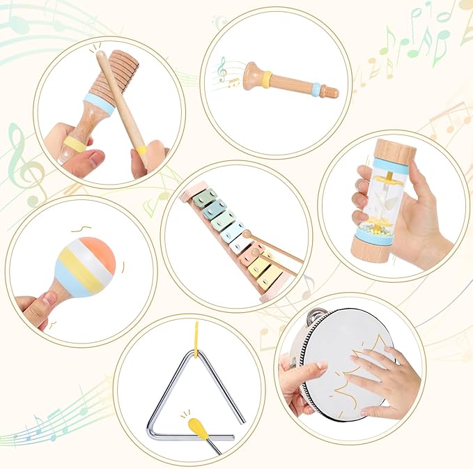 Wooden Montessori Musical Instruments Set for Toddlers 1-3, Preschool Educational Music Toys for Boys Girls, Percussion Instruments Toy with Storage Bag