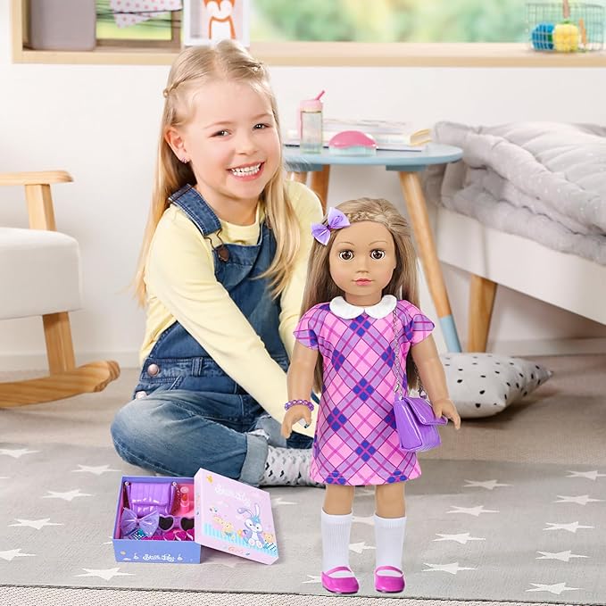 ZNTWEI American 18 Inch Doll Clothes and Makeup Accessories Playset Fit 18 Inch Doll includes Dolls Clothes Sunglasses Phone Eye Shadow Plate Bag Lipstick Bracelet Blusher Hairpins