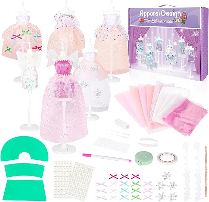 deAO Fashion Designer Kit for Girls,400+PCS Fashion Design Crafts with 6 Mannequins,Arts and Crafts Kit- DIY Sewing Kit for Kids 8-12,Gifts for Girls