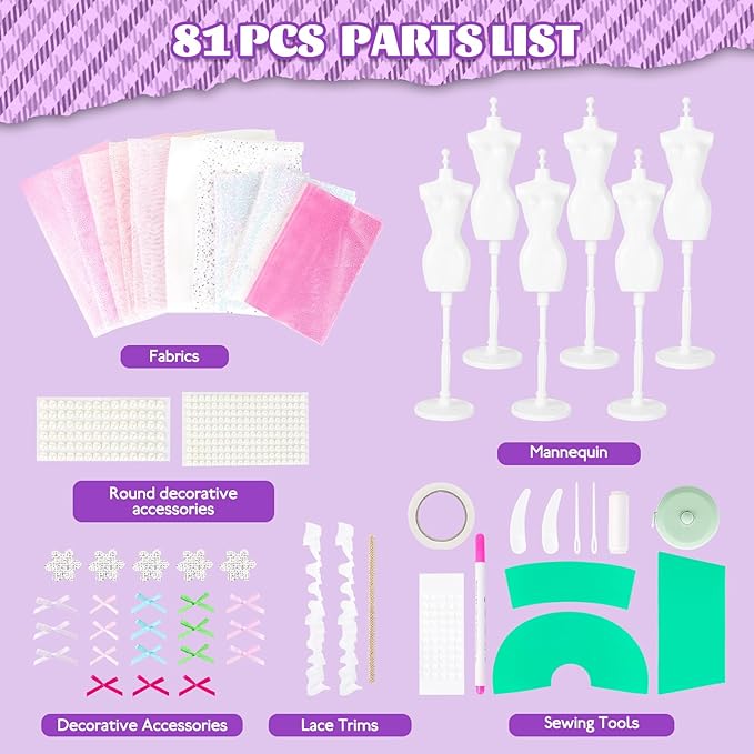 deAO Fashion Designer Kit for Girls,400+PCS Fashion Design Crafts with 6 Mannequins,Arts and Crafts Kit- DIY Sewing Kit for Kids 8-12,Gifts for Girls