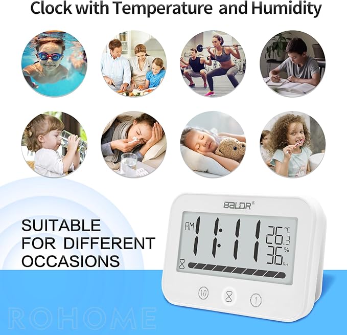 Waterproof Hanging Timer for Bathroom, Digital Kids Shower Clock with Temperature & Humidity, 99 Minutes Countdown Timer with Alarm, Water Resistant Large LCD Visual Timer, 2 Hooks Included (White)