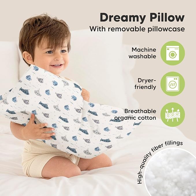 Toddler Pillow with Pillowcase - 13x18 My Little Dreamy Pillow, Organic Cotton Toddler Pillows for Sleeping, Kids Pillow, Travel Pillows, Mini Pillow, Nursery Pillow, Toddler Bed Pillow (Submarines)
