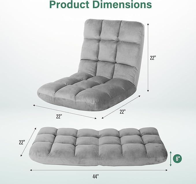 YSSOA Floor Chair Folding with Back Support Convertible Comfy Chair Memory Foam Padded Sleeper Recliner Sofa Chair Gaming Chair Floor for Bedroom Working Meditation Reading Adults Kids Grey