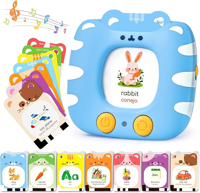 Bilingual Spanish & English Talking Flash Cards for Toddlers 1-5, 454 Words+6 Songs, Clear Voice & Thick Cards & Easy to Slide in and Out, Independent Play & Speech Development Toys