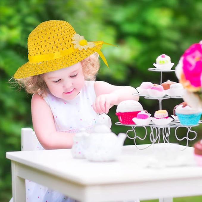 Vegove 6 Pcs Girls Tea Party Straw Hats Country Girl Dress Up with Purse, Gloves & Kits, Children's Summer Beach & Garden Birthday Party Supplies