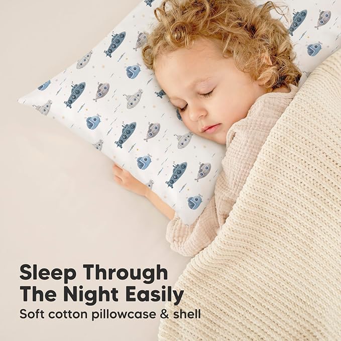 Toddler Pillow with Pillowcase - 13x18 My Little Dreamy Pillow, Organic Cotton Toddler Pillows for Sleeping, Kids Pillow, Travel Pillows, Mini Pillow, Nursery Pillow, Toddler Bed Pillow (Submarines)