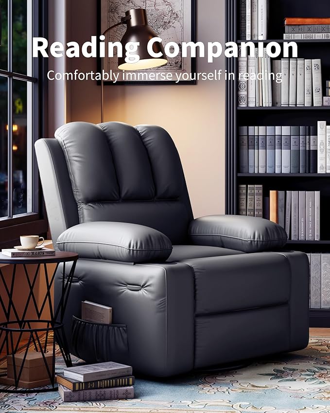 22'' Leather Recliner Chair for Adults, Overstuffed Manual Recliner Chair, Single Sofa with Cup Holder and Side Pockets, Upholstered Chair for Living Rooms, Gray