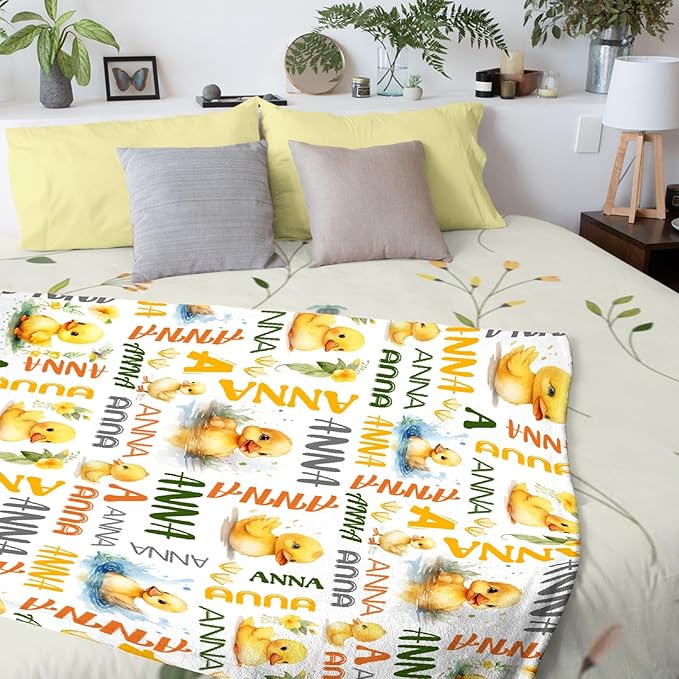 Custom Name Duck Blanket for Girls Adult duck Blanket Kids Funny Blanket Suitable for bedroom bed sofa Crib Couch Chair outdoor All Season Items That Yellow Duck Lovers Will Love 90”×120 ”for Family