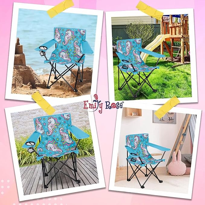Emily Rose Kids Folding Chair | Beach Chair with Safety Lock- Camping Chair for Boyos Girls Toddler with Cup Holder & Carry Case- Tailgate, Travel, Lawn- for Indoor & Outdoor (Sea Unicorns)