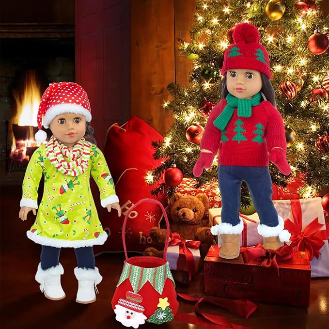UNICORN ELEMENT 2 Sets Christmas Doll Clothes and Accessories Fit 18 Inch Girl Doll Christmas Santa Costume Including Christmas Dress, Sweater, Hairpin, Hat, Scarf, Boots, etc