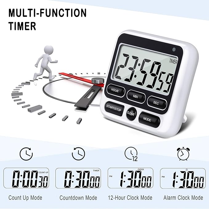KTKUDY Digital Kitchen Timer with Mute/Loud Alarm Switch ON/Off Switch, 24 Hour Clock & Alarm, Memory Function Count Up & Count Down for Kids Teachers Cooking, Large LCD Display, Strong Magnet (Black)