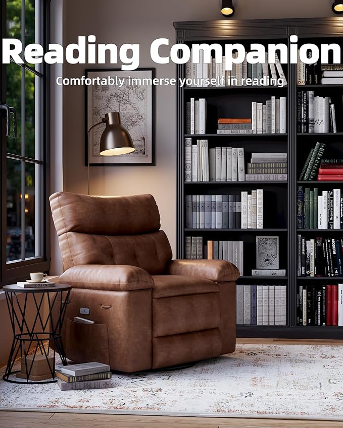 Electric Recliner Chair - 360° Rocker Swivel Recliner with Heat and Massage, PU Leather Large Power Recliner for Adults, Comfortable Lazy Chair with 1.5X Sponge Filling