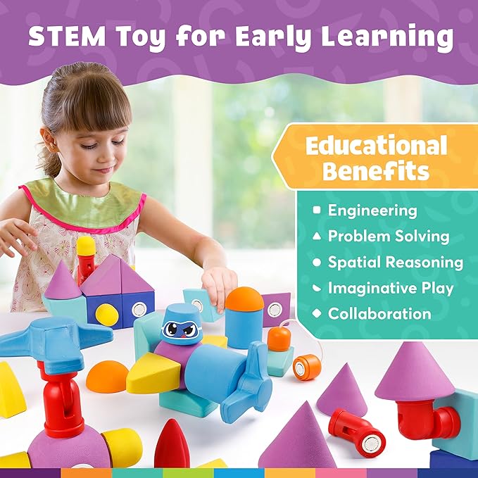 Magnetic Foam Bath Building Blocks - 50-Piece Trunk Set, Preschool Toys, Bathtub Toys, Sensory Toys, Engineering Toys for Kids 3-5