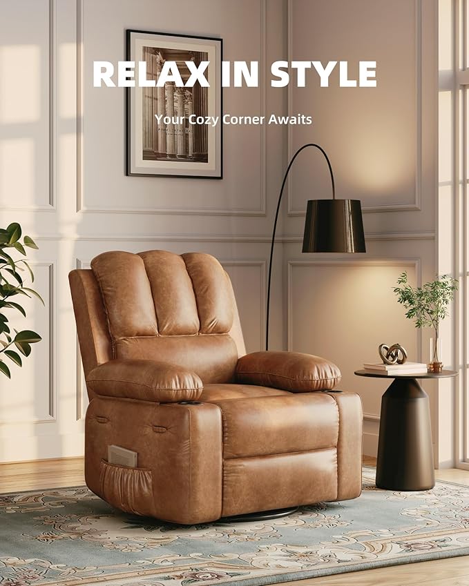 22'' Leather Recliner Chair for Adults, Overstuffed Manual Recliner Chair, Single Sofa with Cup Holder and Side Pockets, Upholstered Chair for Living Rooms, Vintage Leather