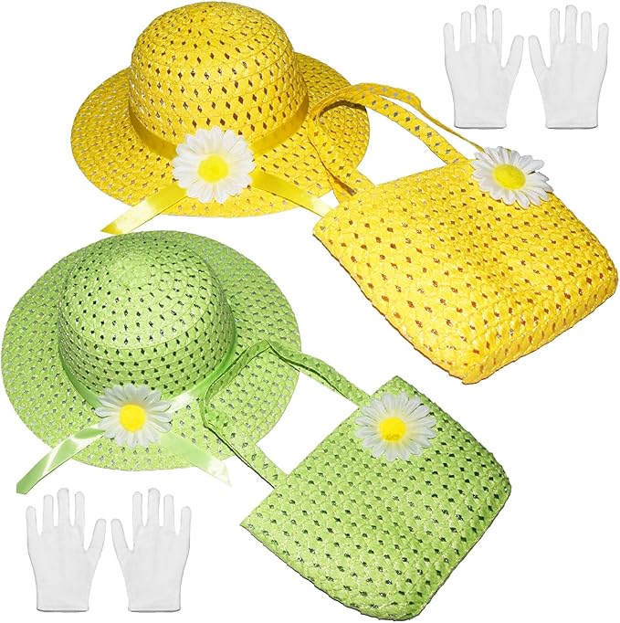 Vegove 6 Pcs Girls Tea Party Straw Hats Country Girl Dress Up with Purse, Gloves & Kits, Children's Summer Beach & Garden Birthday Party Supplies