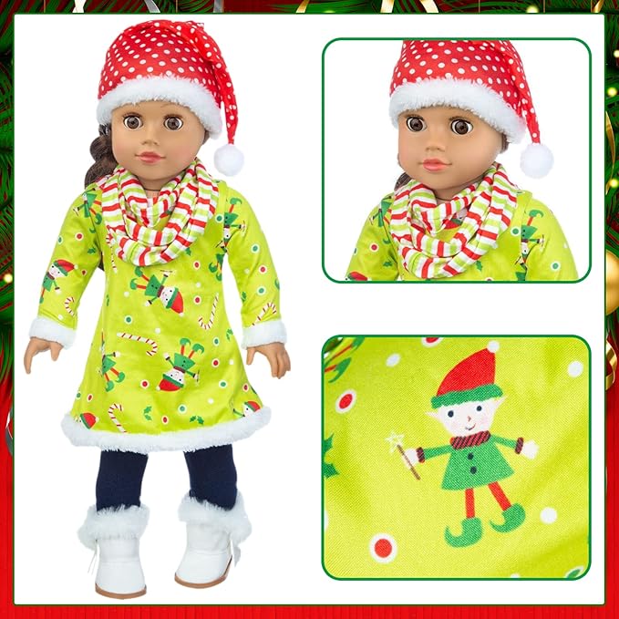 UNICORN ELEMENT 2 Sets Christmas Doll Clothes and Accessories Fit 18 Inch Girl Doll Christmas Santa Costume Including Christmas Dress, Sweater, Hairpin, Hat, Scarf, Boots, etc