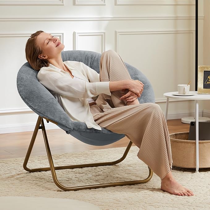 DUMOS Comfy Saucer Chairs, Faux Fur Lounge Bedroom Living Room Flexible Folding Seating for Kids Adults Soft Padded Metal Frame Modern for Home Office Grey