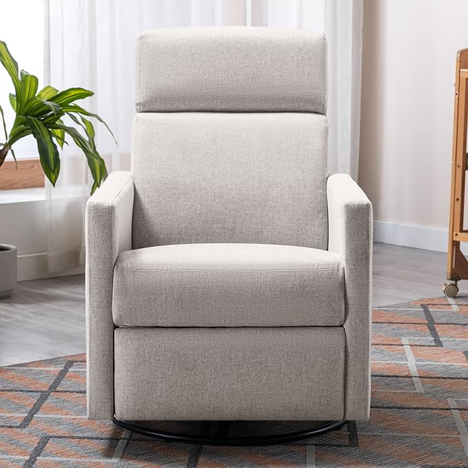 Merax Modern Modern Soft Linen Swivel Push Back Rocker Recliner w/Headsupport Adjustable Nursery Glider Chair for Living Room, Bedroom Tan