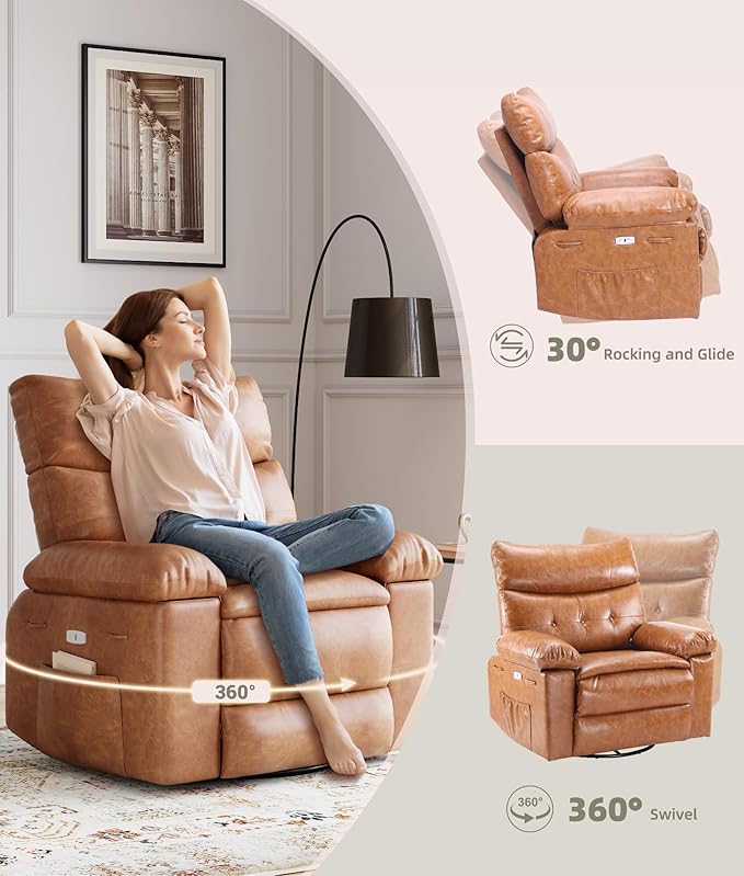 Oversized Electric Recliner Chair - 360° Rocker Swivel Recliner with Heat and Massage, PU Leather Large Power Recliner for Adults, Comfortable Lazy Chair with 1.5X Sponge Filling